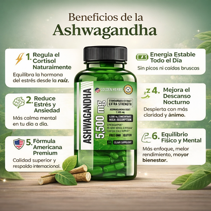 Ashwagandha™ FÓRMULA AMERICANA ⚡ Menos Estrés. Menos Cortisol. Más Energía y Bienestar